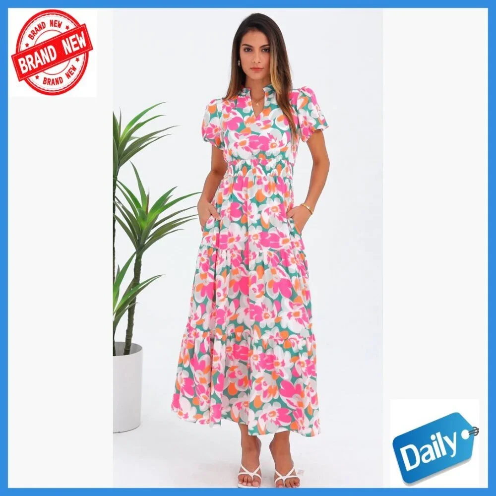 Maxi Dress with Puff Sleeves Smocked Waist Flowy A-Line V-Neck Casual